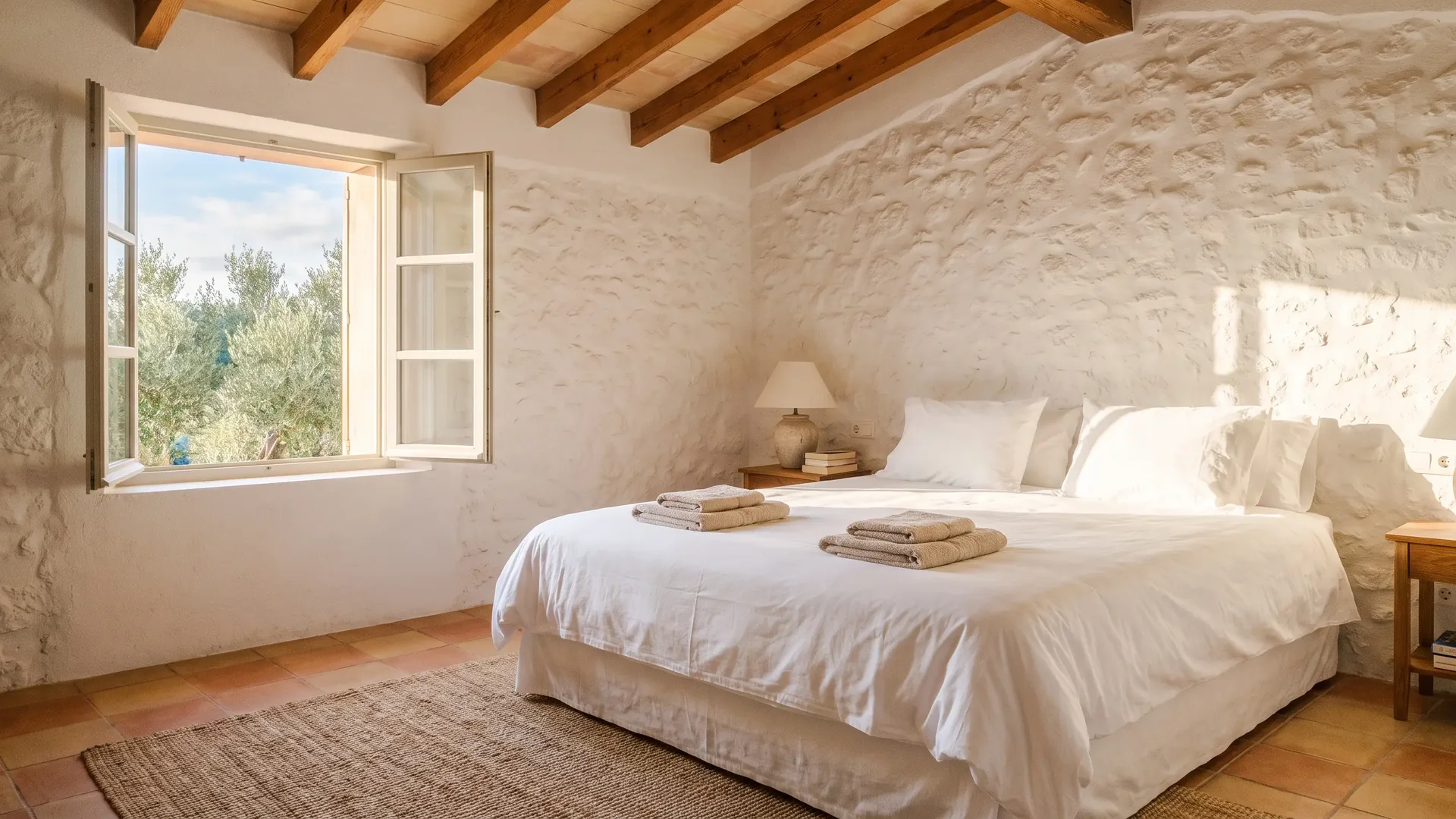 Dormitorio de una villa de alquiler vacacional en Mallorca con la cama preparada y ropa blanca
