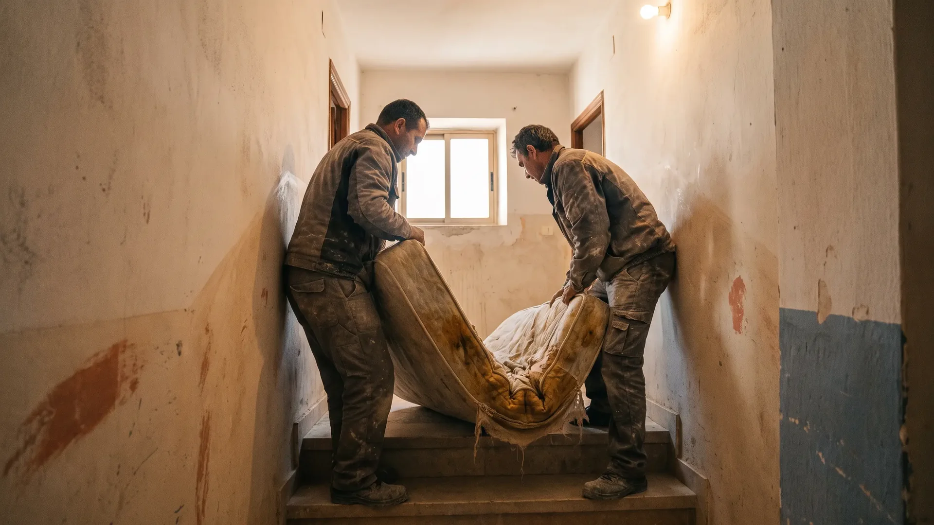 Dos operarios bajando un colchón viejo por la escalera de un edificio en Palma